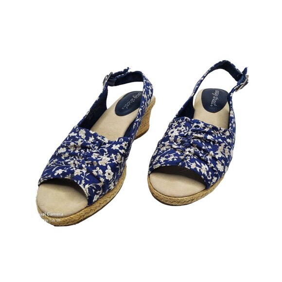 easy street womens blue floral fabric sling back espadrille wedge sandals. - Picture 2 of 6